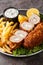 Karadjordjeva Schnitzel is a pork roll stuffed with Kaymak, breaded and fried, served with french fries and tartar sauce close-up