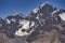 Karakoram mountain-specific landscape with yaks grazing on meadows between green mountain passes crossed by rivers and snow-capped