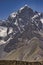 Karakoram mountain-specific landscape with yaks grazing on meadows between green mountain passes crossed by rivers and snow-capped