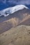 Karakoram mountain-specific landscape with yaks grazing on meadows between green mountain passes crossed by rivers and snow-capped