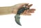 Karambit knife in lady hand tactical fighter on white background