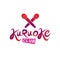Karaoke club inscription, nightlife entertainment conceptual vector emblem created using recorder microphone audio device.