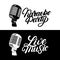 Karaoke hand written lettering logo, emblem with retro vintage microphone.