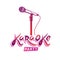 Karaoke party inscription, nightlife entertainment conceptual vector emblem created using microphone audio device.