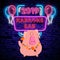 Karaoke Show with pig 2019 is a neon sign. Neon logo, bright luminous banner, New Year neon poster, bright night-time advertisemen