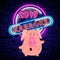 Karaoke Show with pig 2019 is a neon sign. Neon logo, bright luminous banner, New Year neon poster, bright night-time advertisemen