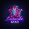 Karaoke Star Vector. Neon sign, luminous logo, symbol, light banner. Advertising bright night karaoke bar, party, disco