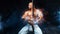 Karate fighter on black background with smoke. Shirtless man samurai with Japanese sword. Fit man sportsmen bodybuilder