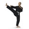 Karate fighter in black kimono isolated on white. 3D illustration