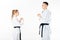 karate fighters stretching fingers isolated