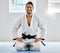Karate, fitness and athlete, man with black belt and martial arts portrait, training and discipline with exercise
