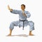 Karate man white kimono with black belt standing and practicing in the ring, champion of the world. Karate training concept vector