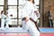 Karate practitioner body position during competition. Martial arts