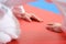 Karate practitioners seen on competition floor