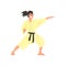 Karate Professional Fighter In Kimono Kicking With Fist Black Belt Cool Cartoon Character