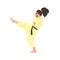 Karate Professional Fighter In Kimono Kicking With Leg Black Belt Cool Cartoon Character
