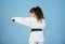 Karate sport concept. Self defence skills. Karate gives feeling of confidence. Strong and confident kid. She is