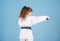 Karate sport concept. Self defence skills. Karate gives feeling of confidence. Strong and confident kid. She is