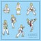 Karate stances - vector icon set. Faceless silhouettes of Karatekas stand in different poses, in white clothes with multi-colored