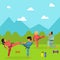 Karate training children character, martial art outdoor place exercise session flat vector illustration. National park