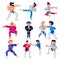 Karate vector martial karate-do character training attack illustration set of man or woman and elderly people in