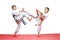 In karategi two athletes are beating blows kicks