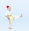 Karateka in the cap of Santa Claus hits a kick leg