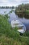 Karelian Lake in the Morning, Grass, Trees and a Lonely Boat 2