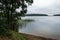 Karelian Lake in the Morning Water Mirror, Grass, Trees and San