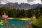 Karersee small alpine lake in Dolomites in South Tyrol, Italy