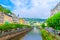Karlovy Vary Carlsbad historical city centre with Tepla river central embankment