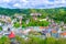 Karlovy Vary Carlsbad historical city centre top aerial view with colorful beautiful buildings