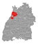 Karlsruhe county red highlighted in map of Baden Wuerttemberg Germany