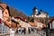 Karlstejn, Bohemia, Czech Republic, 12 March 2022: royal medieval gothic castle with tower, king Charles IV, blue sky at sunny