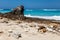 Karma Beach in Ungasan, Bali, Indonesia. Turquoise water, rocks, ocean scenery.