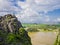 Karst formations and rice paddy fields from the lying dragon mountain, Tam Coc, Ninh Binh province, Vietnam