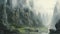 Karst: A Misty Gothic Painting Of A River With Cliffs And Mountains