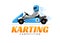 Kart driver sport logo icon. Karting racing isolated, Man drive kart in helmet background design