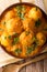 Kashmiri dum aloo: spicy potato with sauce closeup on the plate.