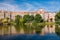 Kasprowicz Park in Szczecin. View of the surrounding historic tenement houses. landscape