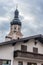 Kastelruth, Italy - 28 June 2018: The church of St. Valentin in Kastelruth/Castelrotto in the background the jagged rocks of the