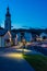 Kastelruth, Italy - 28 June 2018: The church of St. Valentin in Kastelruth/Castelrotto in the background the jagged rocks of the