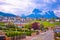 Kastelruth and Schlern peak in Alps landscape view