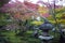 Kasuga doro or stone lantern in Japanese maple garden during autumn at Enkoji temple, Kyoto, Japan