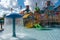 Kata`s Kookaburra Cove includes beginner`s body slides, water spouts and pools on sky cloudy background at Aquatica.