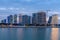 Katara buildings view from Lusail Marina Park. Crescent Tower