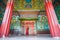 KATHMANDU, NEPAL - AUGUST 27, 2011: Embroidered main gate of Kopan Monastery. Kopan Monastery had its beginnings in the Solukhumb