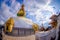 KATHMANDU, NEPAL OCTOBER 15, 2017: Eyes of the Buddha on the Bodhnath Stupa in Kathmandu, Nepal, fish eye effect