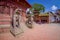 KATHMANDU, NEPAL OCTOBER 15, 2017: North entrance with lion statues, Changu Narayan, Hindu temple, Kathmandu Valley