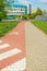 Katowice, Poland - view of city footpath divided for pedestrian and bicycles zones